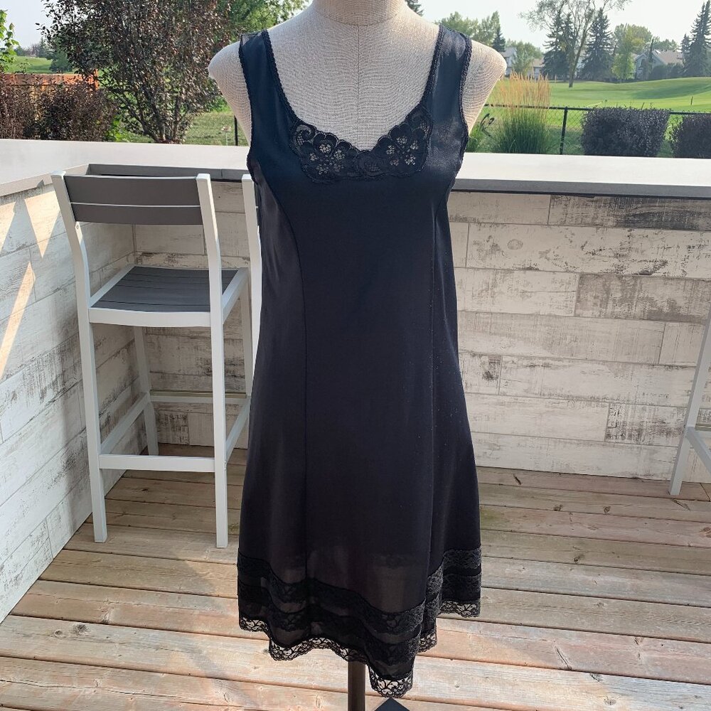 Vintage Pink Lady Slip Dress Nightgown 36 Black Satin Lace Trim Midi Lingerie